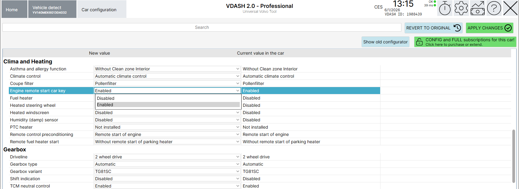 VDASH remote engine start configuration