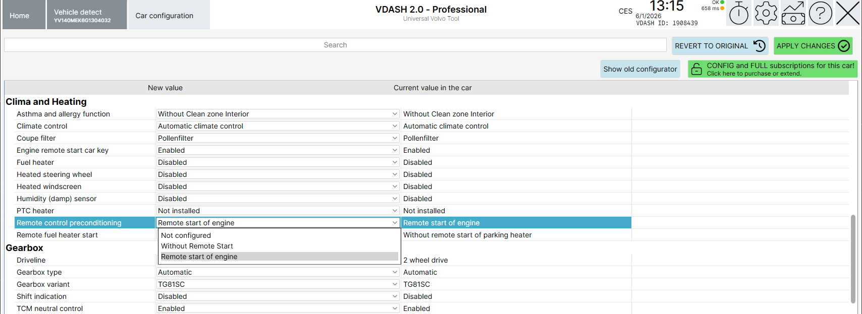 VDASH remote engine start configuration option