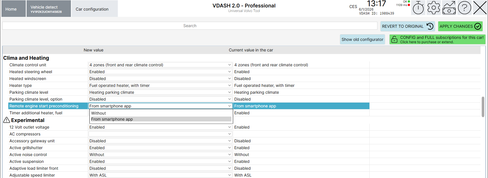 VDASH SPA CMA remote engine start preconditioning configuration