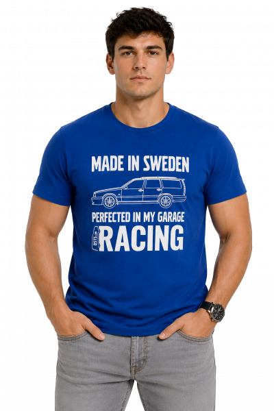 Pánské tričko „Made in Sweden - Perfected in my Garage“ - Modrá